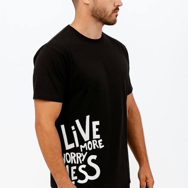 Men’s Black Motivational Graphic T-Shirt – “Live More, Worry Less” Quote Tee