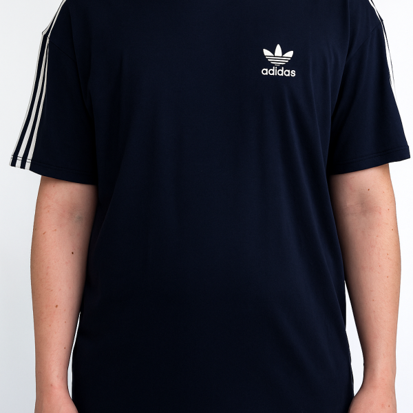 Adidas Men’s Black Crew Neck Cotton T-Shirt with Dusty Pink Stripes – Sporty Casual Comfort