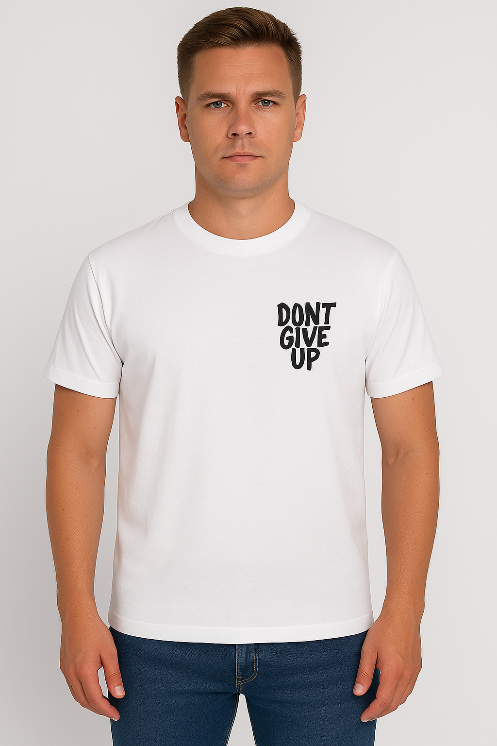 Men’s White Graphic T-Shirt – “Don’t Give Up” Motivational Print | Casual Streetwear Tee