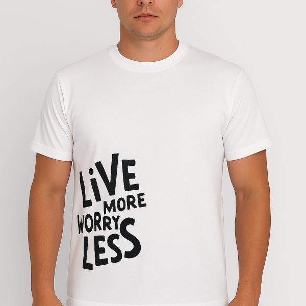 Men’s Black Motivational Graphic T-Shirt – “Live More, Worry Less” Quote Tee